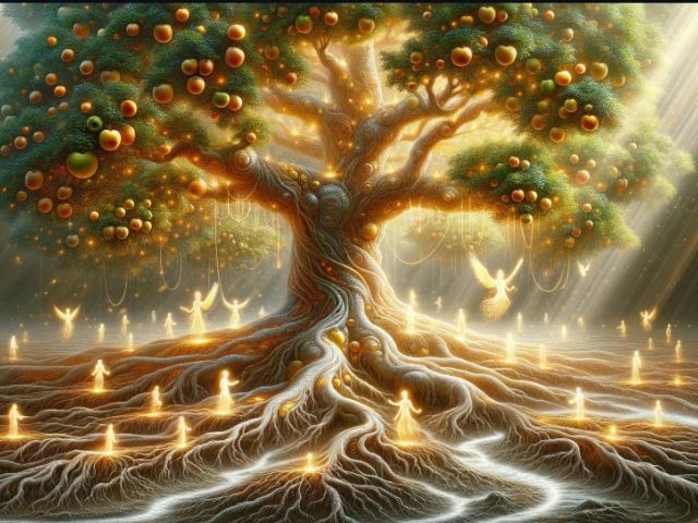 Maagiline valgusepuu, mille juurtes ja okstes elavad helendavad olendid – ühendus maa, hinge ja valguse vahel