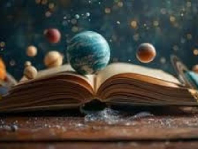 Astroloogiline sünnikaart ja hingeteekonna tõlgendus Avatud raamat, mille kohal hõljuvad planeedid – sümbol sünnikaardi ja hingeteekonna avamiseks