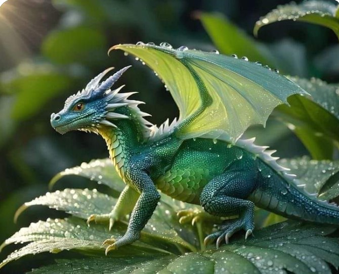 Väike roheline draakon lehel, tiivad laiali