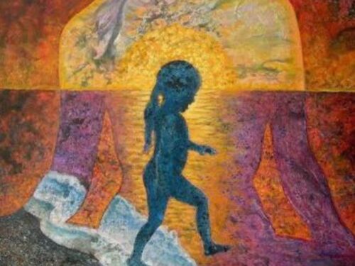 Laps sammub valguse poole, taustal hoidev figuur – sisemise lapse ja täiskasvanu ühendus sümboolses kunstiteoses.