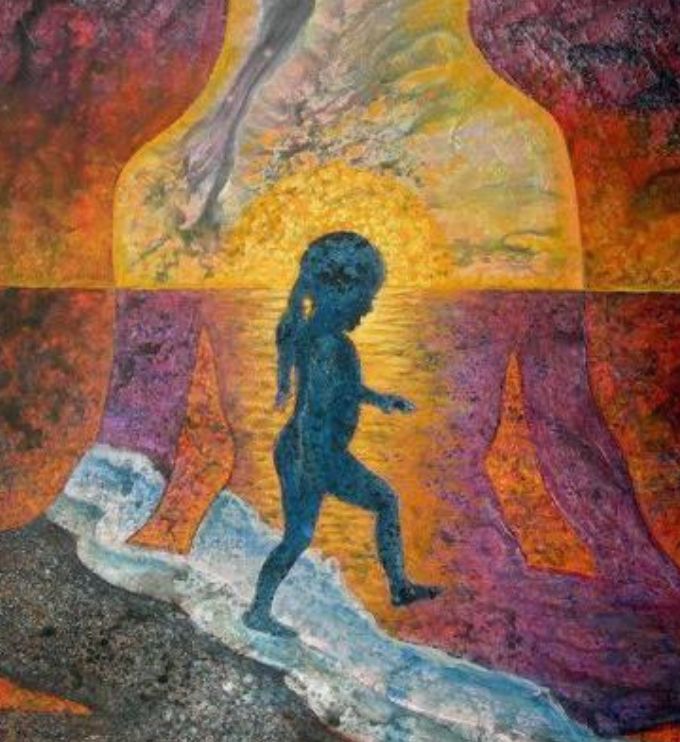 Laps sammub valguse poole, taustal hoidev figuur – sisemise lapse ja täiskasvanu ühendus sümboolses kunstiteoses.