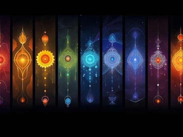 Värvilised tšakrasümbolid, joondatud ühele teljele – energia liikumise ja teadvuse avardumise kujund.