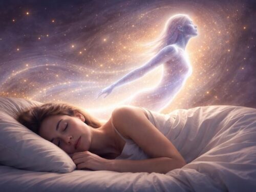 Magav inimene voodis, kelle kehast tõuseb helendav unekeha; taustal kuldne sillerdus ja tähine öö.