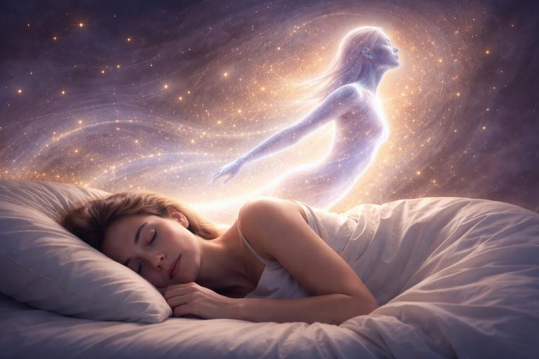 Magav inimene voodis, kelle kehast tõuseb helendav unekeha; taustal kuldne sillerdus ja tähine öö.