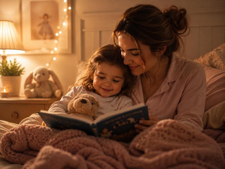 Väike laps ja ema jagavad enne und rahulikku lähedushetke, mis aitab lapsel päeva pingetest vabaneda ja turvaliselt uinuda.